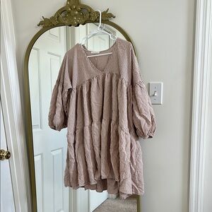 Tan Cream Tiered Sundress with 3/4 Bishop Sleeves
